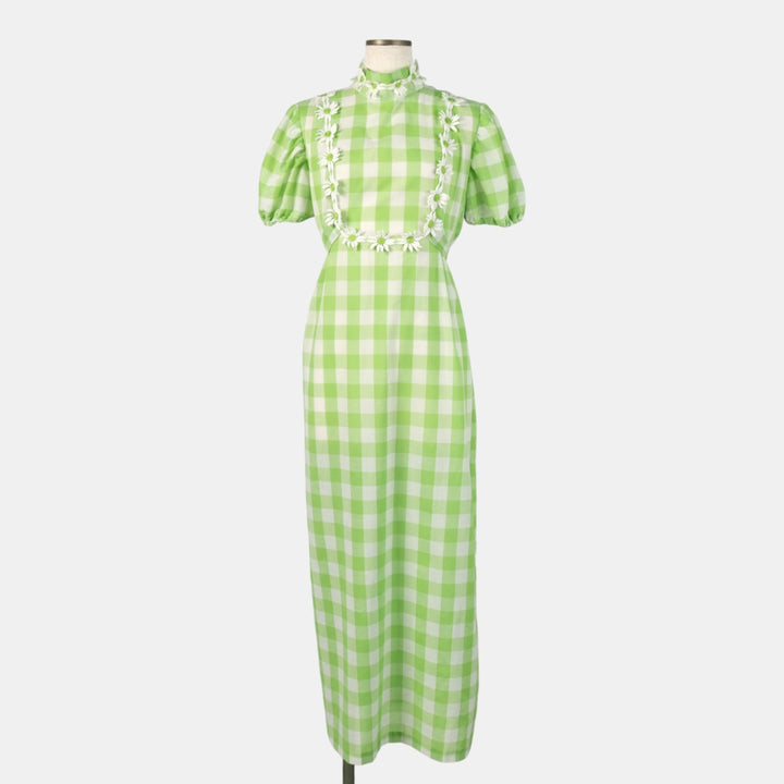 Check Pattern Long Cutwork Embroidered Short-Sleeve Flared Dress, Women's Size M (Equivalent), Vintage unclear green type yellow green Vintage Second Hand