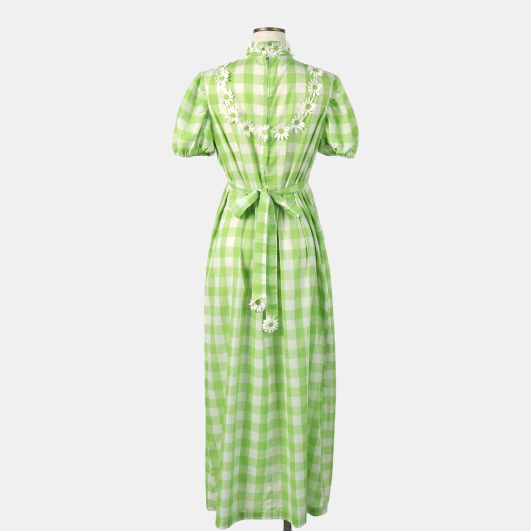 Check Pattern Long Cutwork Embroidered Short-Sleeve Flared Dress, Women's Size M (Equivalent), Vintage unclear green type yellow green Vintage Second Hand