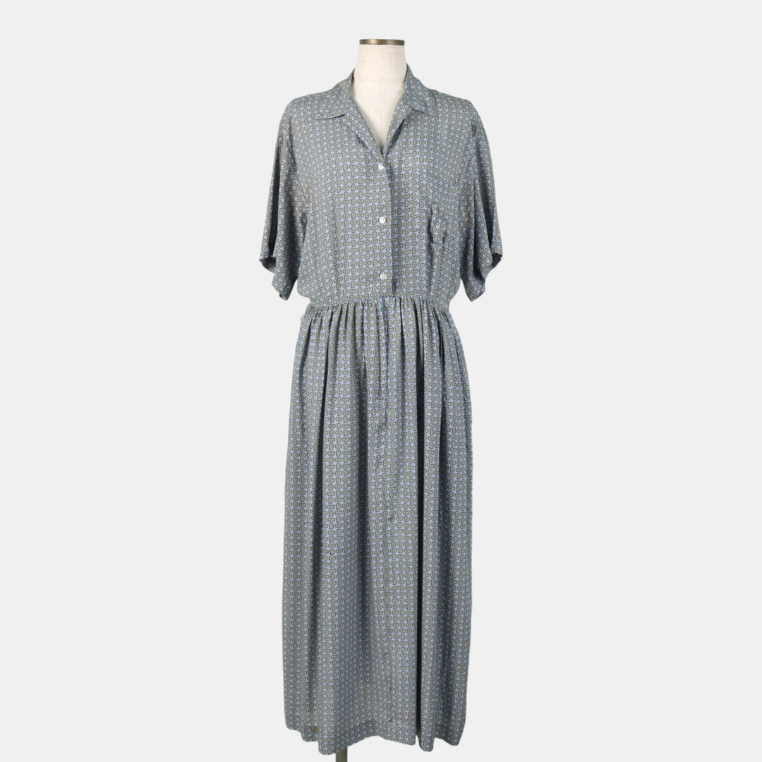 Ralph Lauren all-over paisley pattern long open-collar short-sleeved flared dress (women's size L equivalent) Rayon blue type Vintage Second Hand