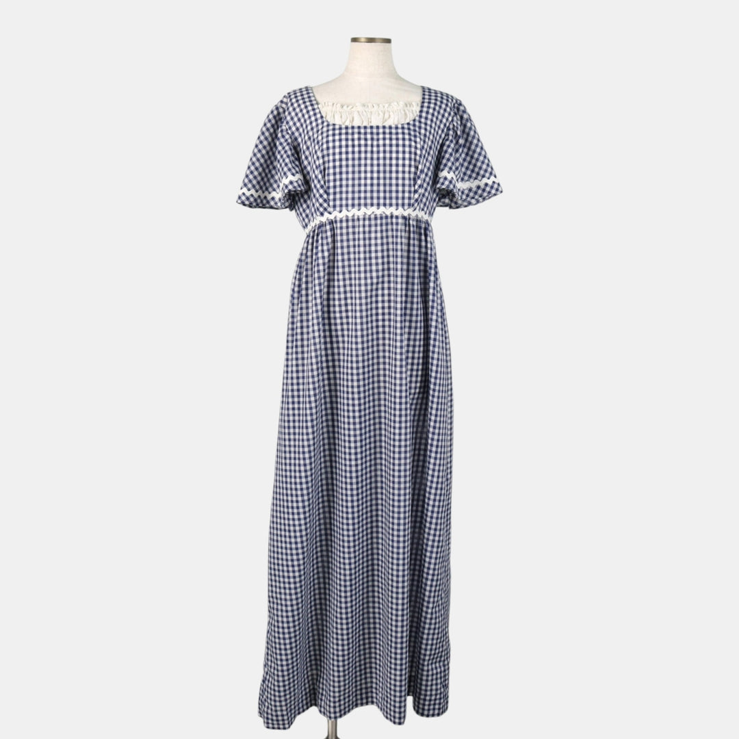 Gingham check maxi dress, short sleeves, flared, women's size M equivalent, vintage. unclear navy blue type Vintage Second Hand