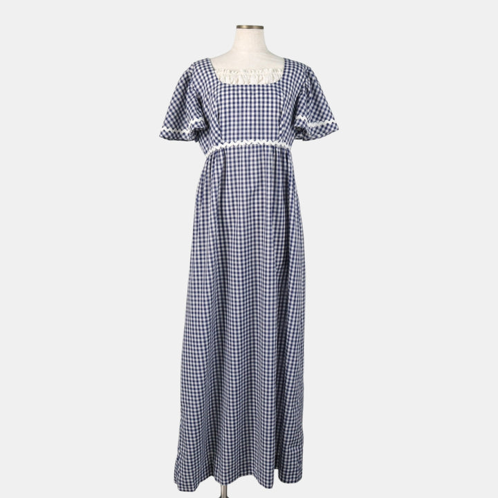Gingham check maxi dress, short sleeves, flared, women's size M equivalent, vintage. unclear navy blue type Vintage Second Hand