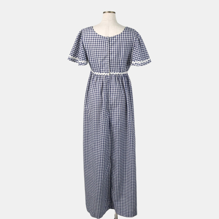 Gingham check maxi dress, short sleeves, flared, women's size M equivalent, vintage. unclear navy blue type Vintage Second Hand