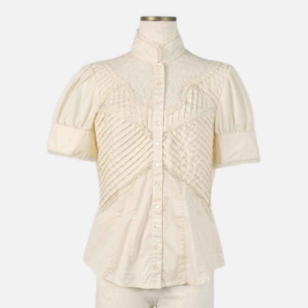bebe Stand Collar Short Sleeve Blouse (Women's Size M) cotton ivory Vintage Second Hand