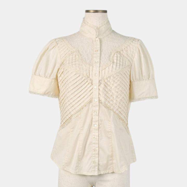 bebe Stand Collar Short Sleeve Blouse (Women's Size M) cotton ivory Vintage Second Hand