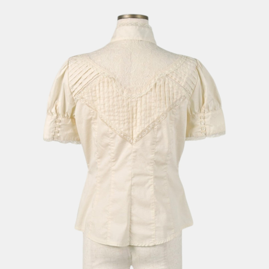 bebe Stand Collar Short Sleeve Blouse (Women's Size M) cotton ivory Vintage Second Hand