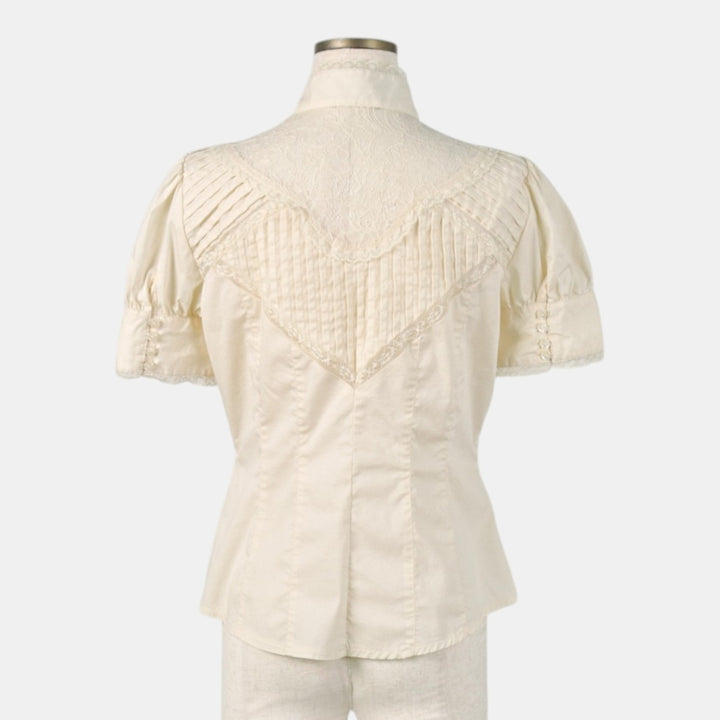 bebe Stand Collar Short Sleeve Blouse (Women's Size M) cotton ivory Vintage Second Hand