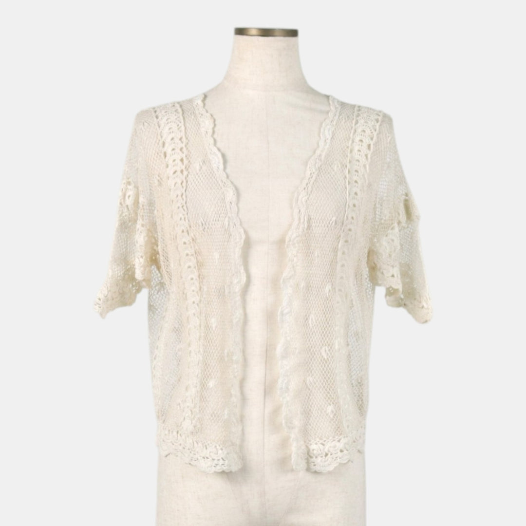 Openwork knit short-sleeved summer cardigan bolero, women's size M equivalent. unclear white type Vintage Second Hand