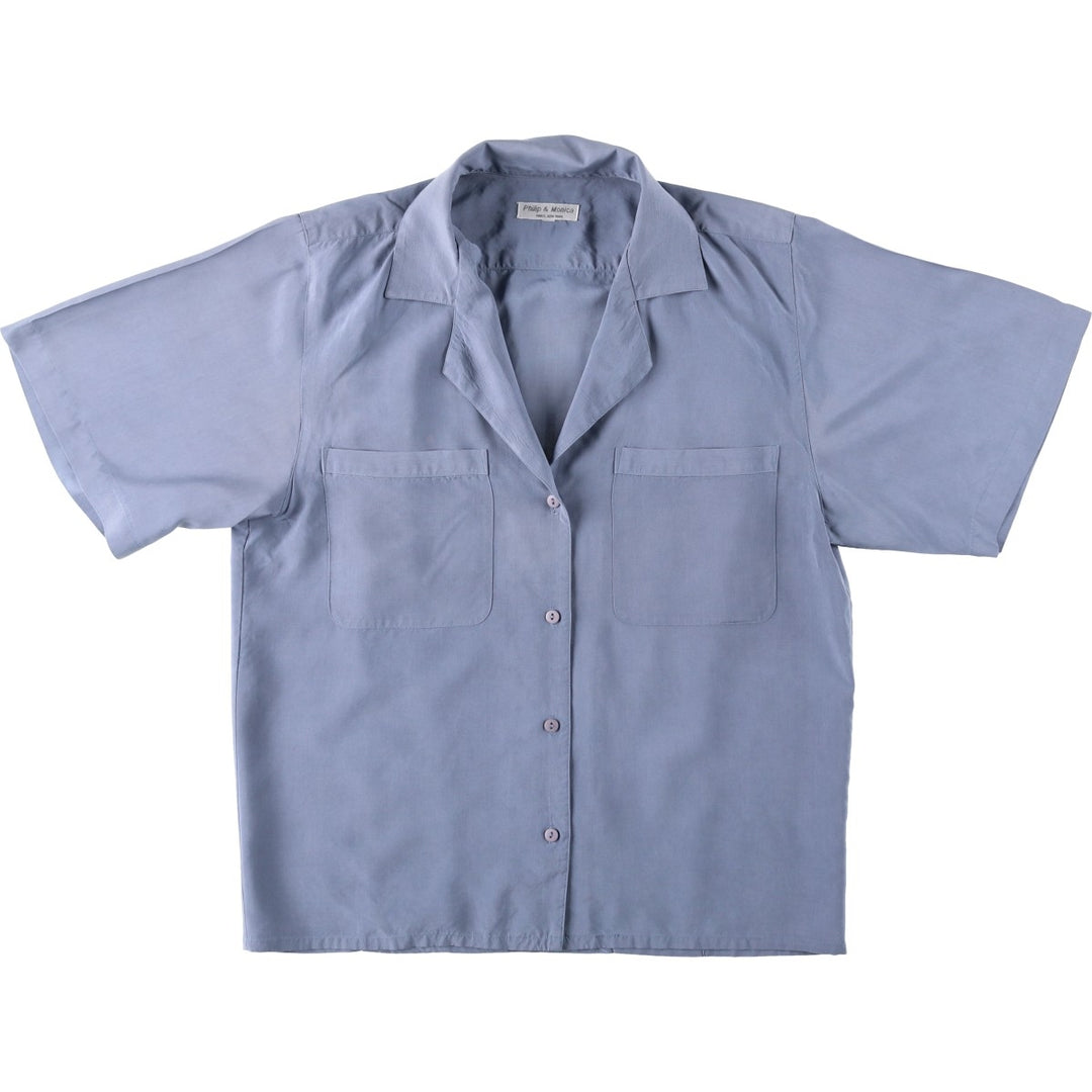 Philip and Monica Short-Sleeve Open-Collar Silk Shirt, Boxy Fit, Women's Size M (approx.) silk blue type Vintage Second Hand