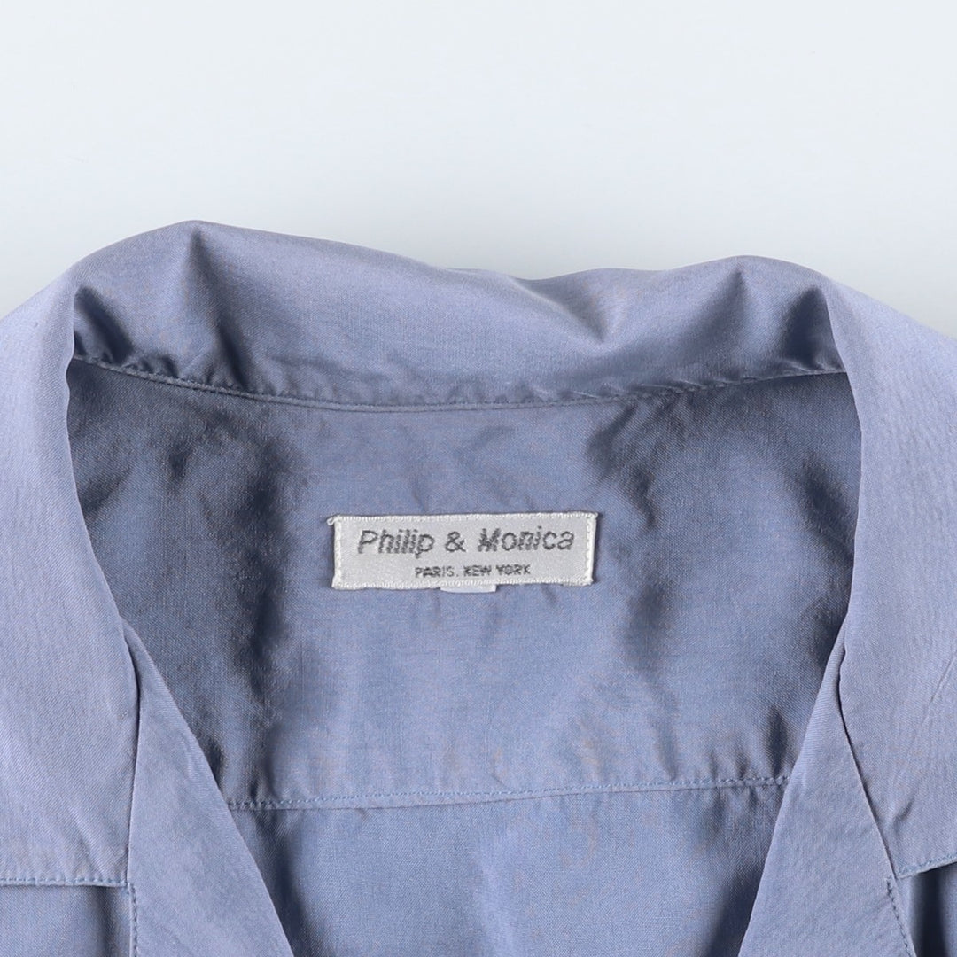 Philip and Monica Short-Sleeve Open-Collar Silk Shirt, Boxy Fit, Women's Size M (approx.) silk blue type Vintage Second Hand