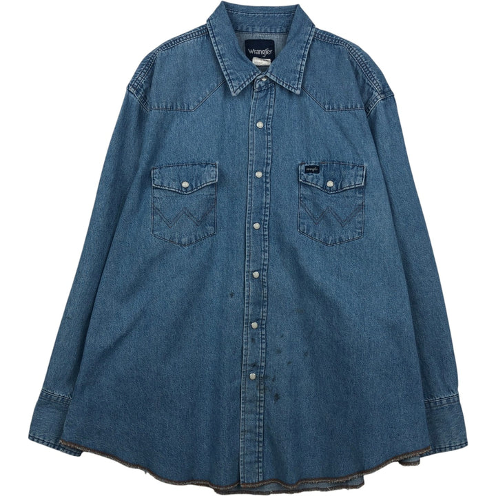 90'S Wrangler Long-Sleeve Denim Western Shirt, Men's XXL (approx.), Vintage cotton blue type Vintage Second Hand