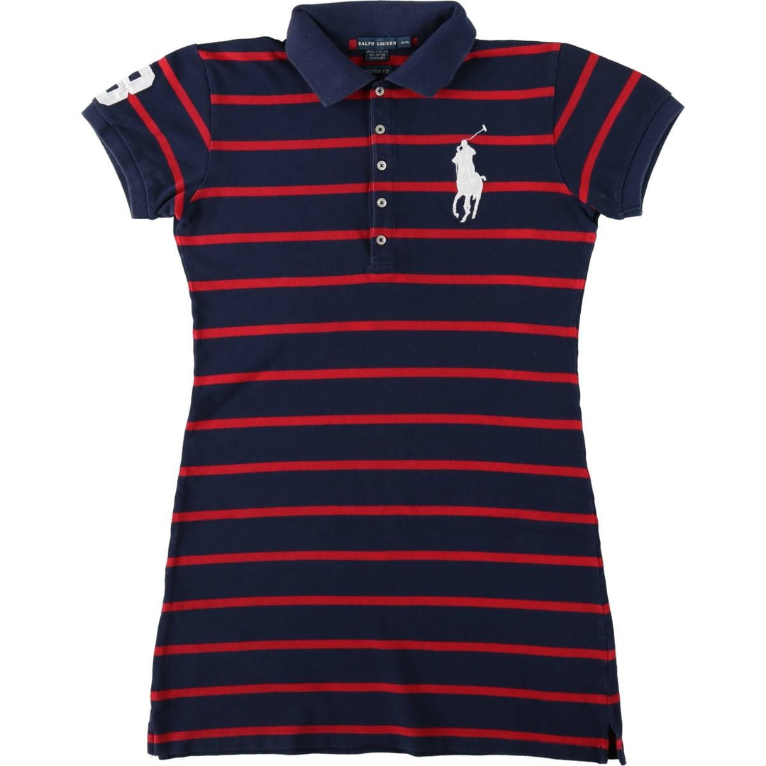 Ralph Lauren CUSTOM FIT Border Pattern Big Pony Mini Polo Shirt Dress (Women's XL equivalent) cotton navy blue type Vintage Second Hand
