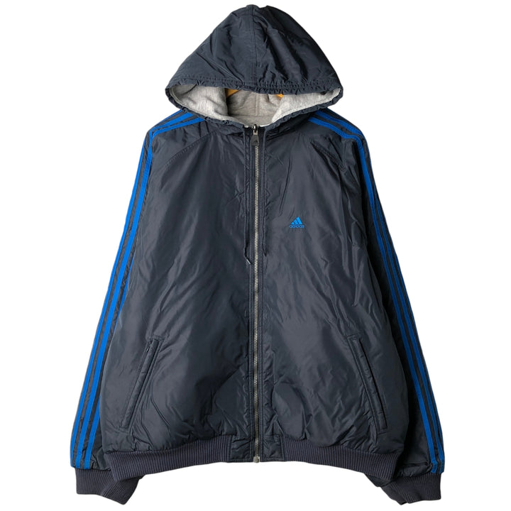 2000'S adidas reversible padded hoodie/puffer jacket with back logo, men's size XXL Nylon navy blue type Vintage Second Hand