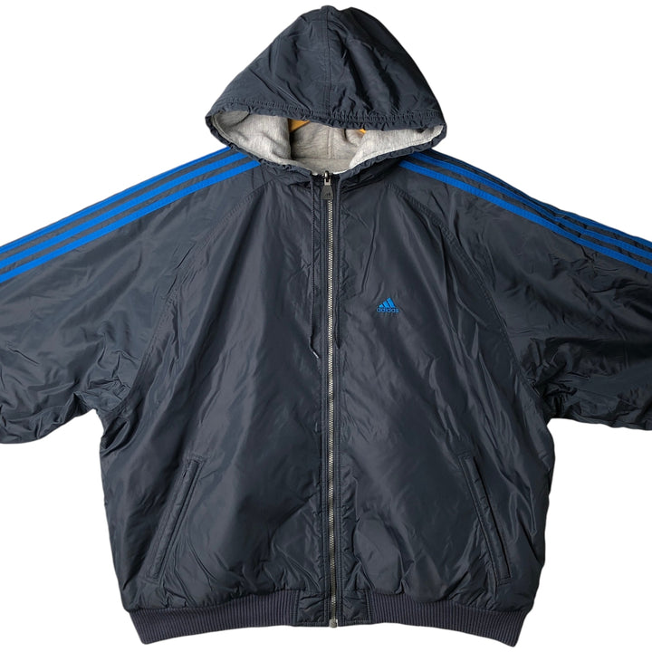 2000'S adidas reversible padded hoodie/puffer jacket with back logo, men's size XXL Nylon navy blue type Vintage Second Hand