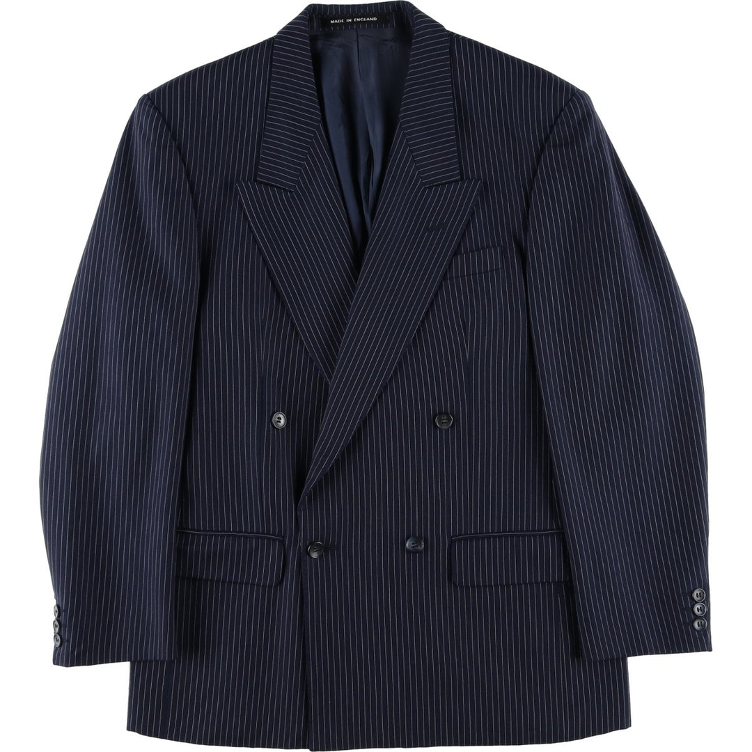 The Label Stripe Pattern Double-Breasted Peak Lapel Wool Tailored Jacket, Made in the UK, Men's Size Medium wool navy blue type Vintage Second Hand