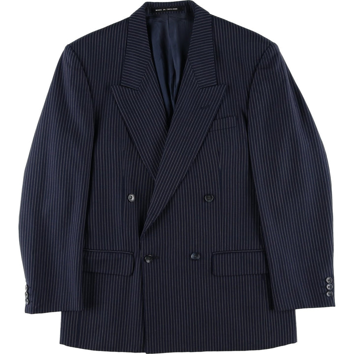 The Label Stripe Pattern Double-Breasted Peak Lapel Wool Tailored Jacket, Made in the UK, Men's Size Medium wool navy blue type Vintage Second Hand