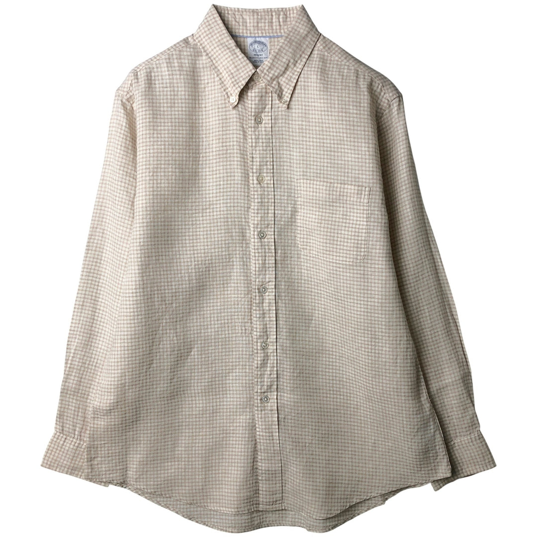 Brooks Brothers Est. 1818 REGENT Gingham Check Long Sleeve Linen Button-Down Shirt, Men's Size L linen Beige type Vintage Second Hand