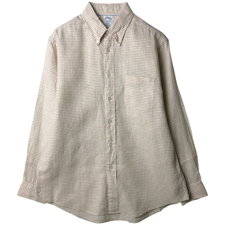 Brooks Brothers Est. 1818 REGENT Gingham Check Long Sleeve Linen Button-Down Shirt, Men's Size L linen Beige type Vintage Second Hand