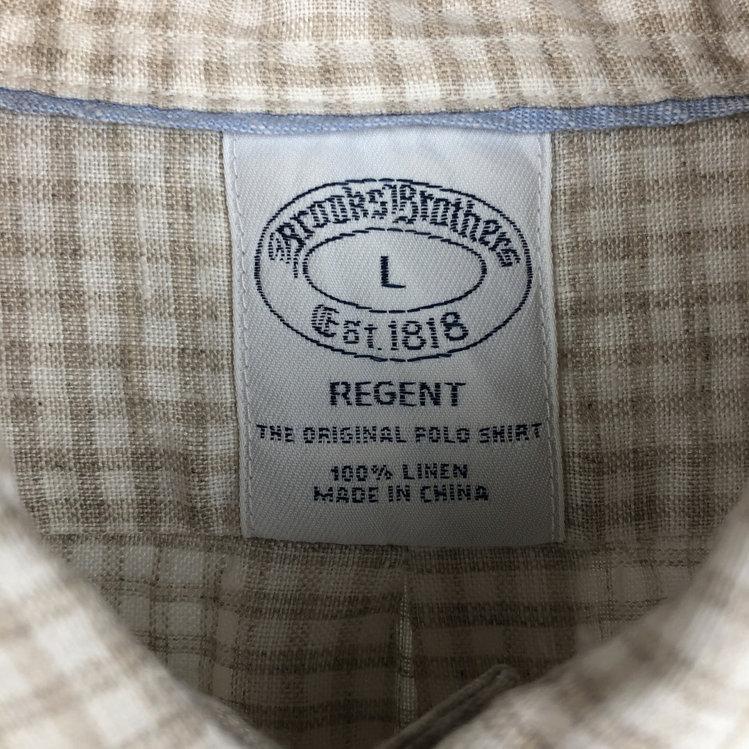 Brooks Brothers Est. 1818 REGENT Gingham Check Long Sleeve Linen Button-Down Shirt, Men's Size L linen Beige type Vintage Second Hand