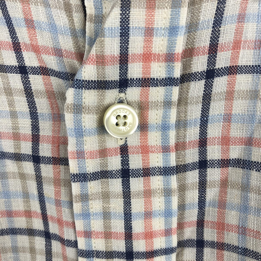 Brooks Brothers Check Pattern Long Sleeve Linen Button-Down Shirt, Men's Size Medium linen Beige type Vintage Second Hand