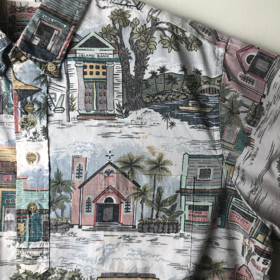 Reyn Spooner COMMEMORATIVE CLASSICS All-Over Print Half-Button Button-Down Aloha Shirt, Men's XL cotton white type Vintage Second Hand