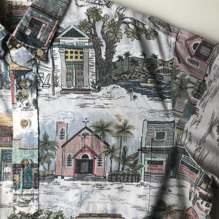 Reyn Spooner COMMEMORATIVE CLASSICS All-Over Print Half-Button Button-Down Aloha Shirt, Men's XL cotton white type Vintage Second Hand