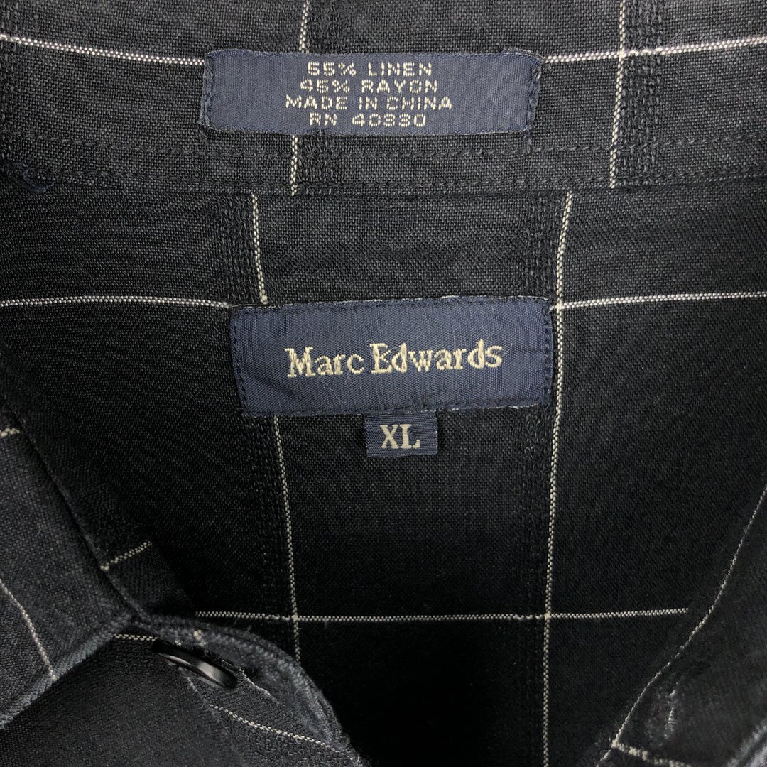 MARC EDWARDS Check Pattern Short Sleeve Rayon and Linen Box Shirt, Men's Size XL linen black type Vintage Second Hand