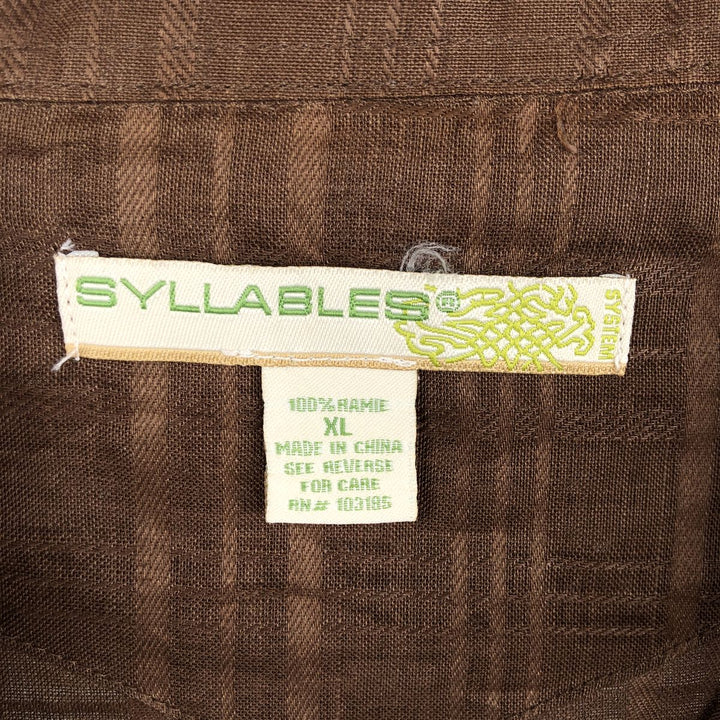 SYLLABLES Check Pattern Short Sleeve Linen Shirt, Box Shirt, Men's Size XL Lamy brown type Vintage Second Hand