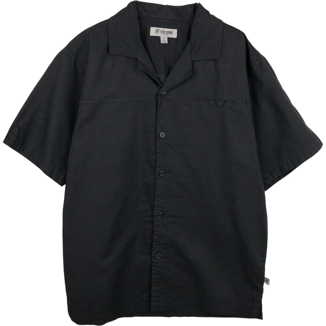 Stacy Adams Short Sleeve Open Collar Linen Box Shirt, Men's XL linen black type Vintage Second Hand