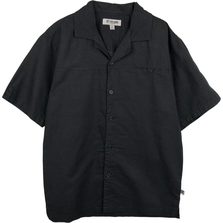 Stacy Adams Short Sleeve Open Collar Linen Box Shirt, Men's XL linen black type Vintage Second Hand