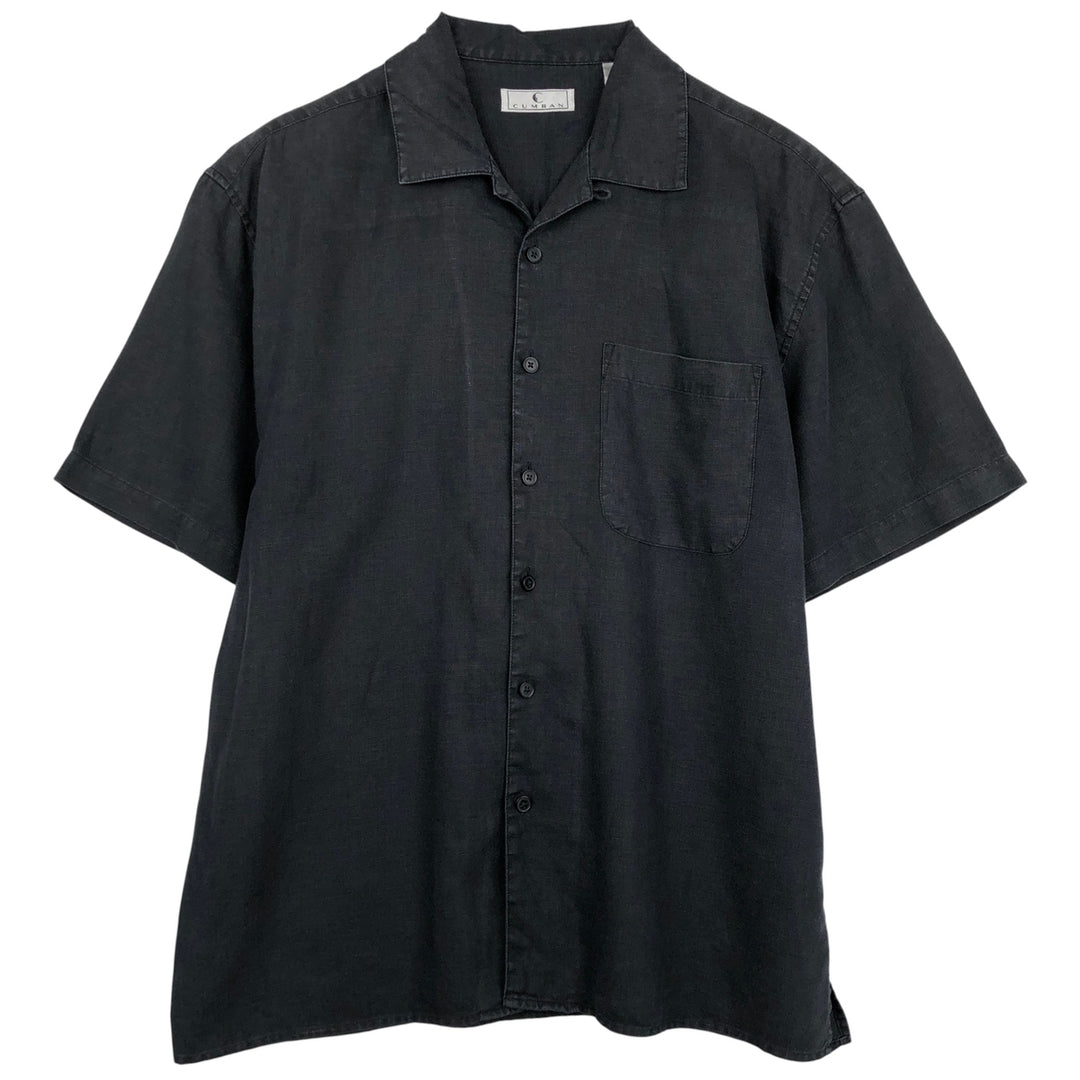 CUMRAN Short Sleeve Open Collar Linen Shirt Box Shirt Men's L Size linen black type Vintage Second Hand