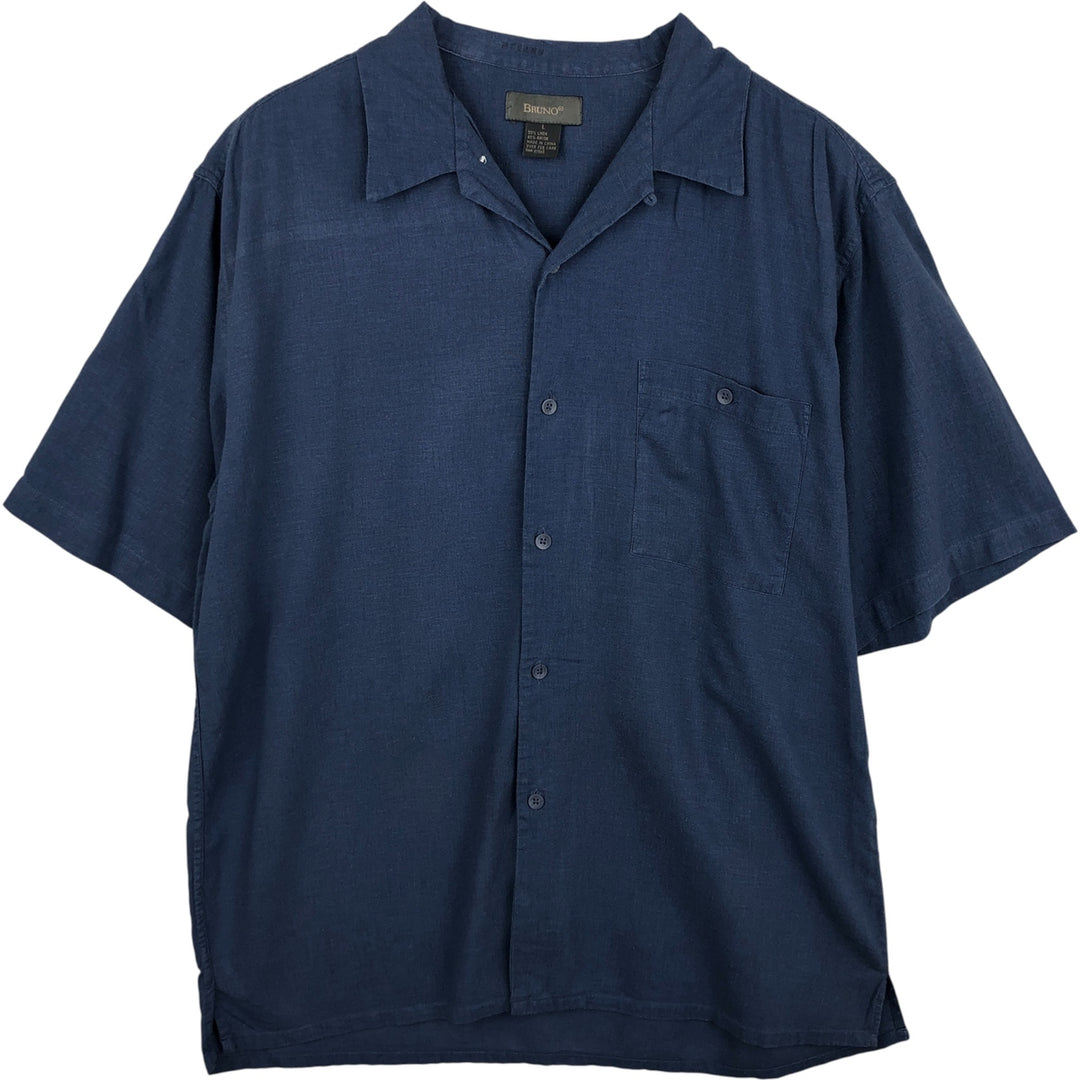 BRUNO Short Sleeve Open Collar Rayon and Linen Box Shirt, Men's Size L linen blue type Vintage Second Hand