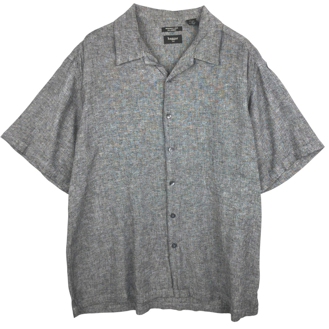 Haggar. Short-sleeved open-collar rayon x linen box shirt, men's size XL. linen gray type Vintage Second Hand