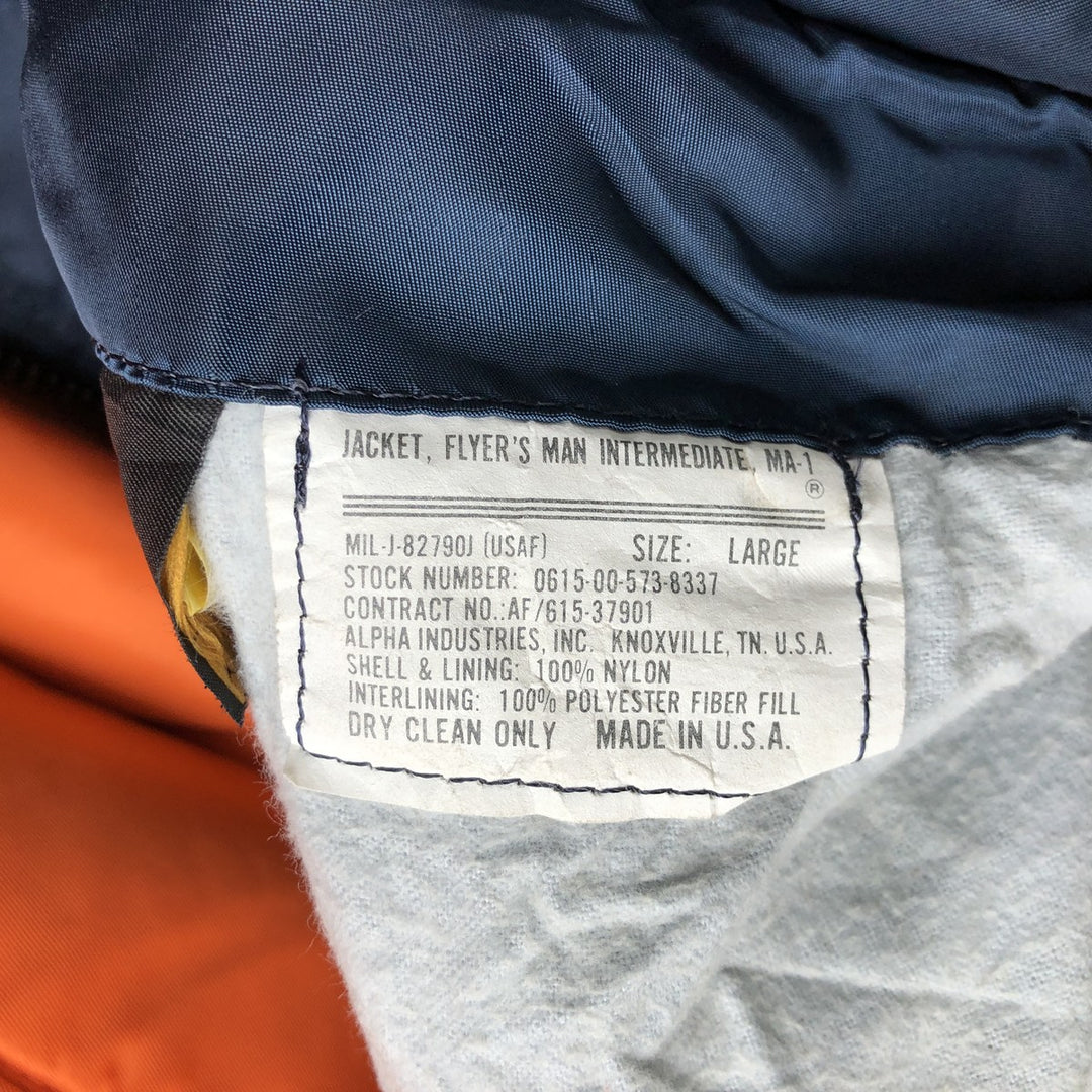 90'S civilian Alpha MA-1 style padded military flight jacket, made in the USA, men's size L, vintage Nylon navy blue type Vintage Second Hand