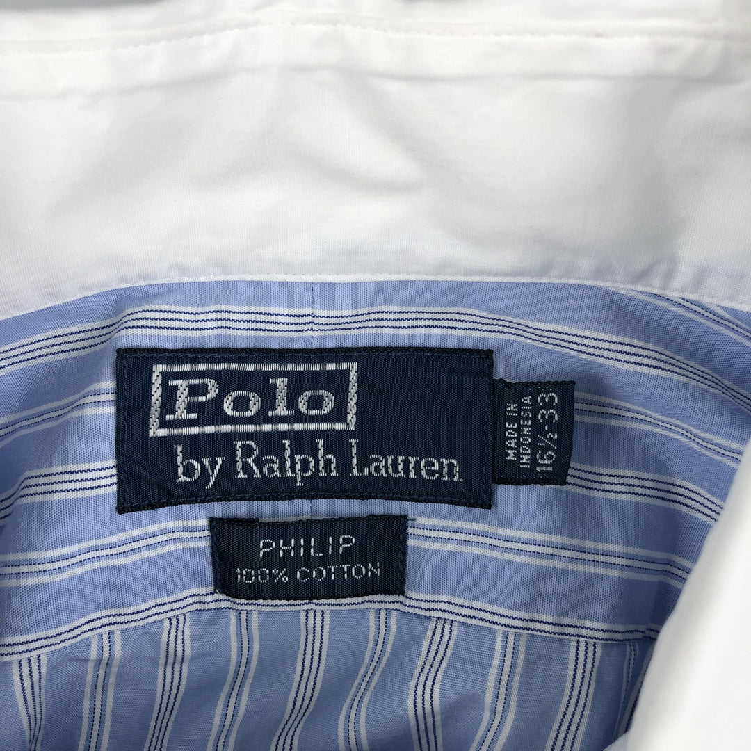 Ralph Lauren POLO by Ralph Lauren PHILIP Wide Collar Stripe Pattern Cleric Shirt with Cuffs, Men's Size L cotton Blue type light blue Vintage Second Hand