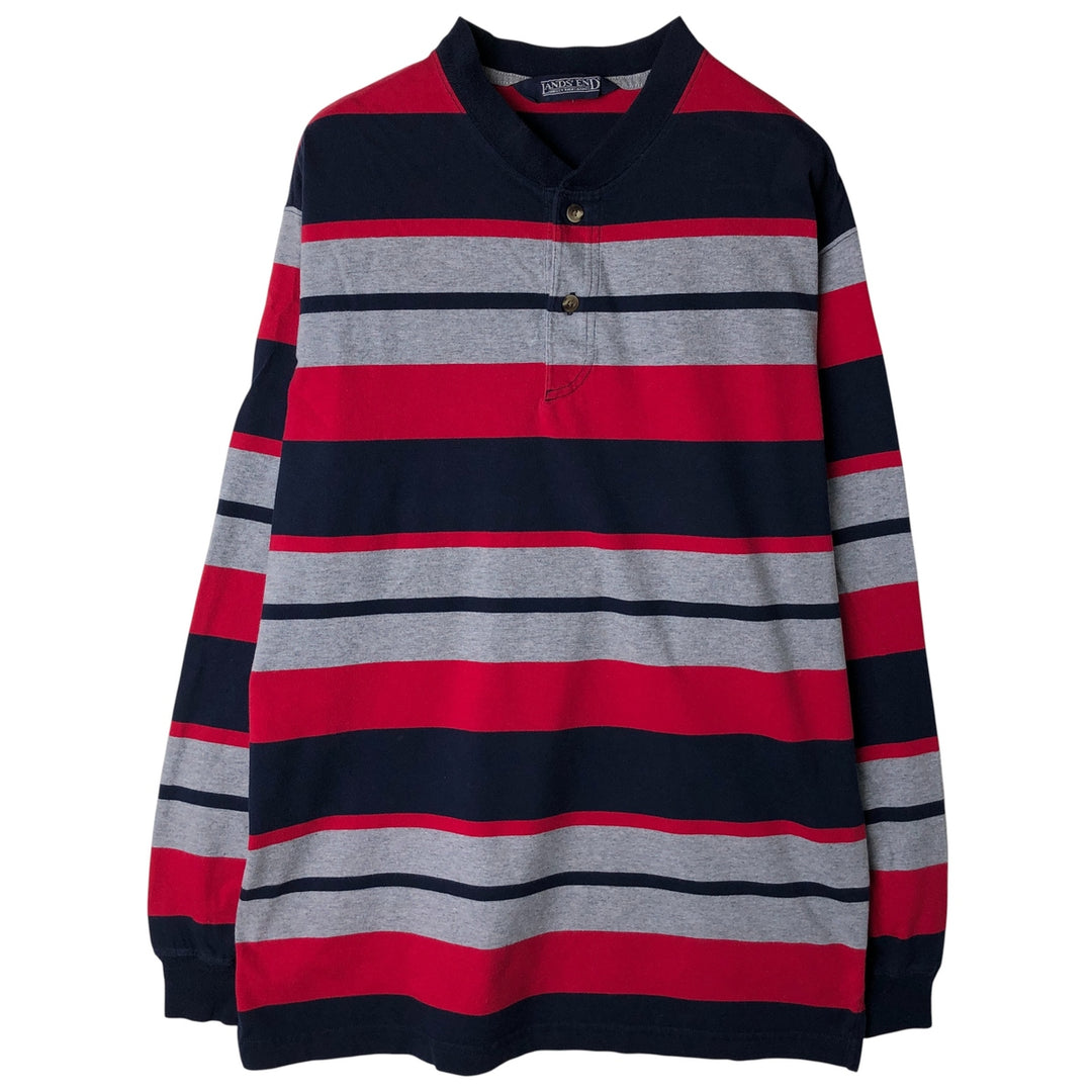 LANDS'END Striped Pattern Henley Neck Long T-Shirt, Men's Size Medium unclear navy blue type Vintage Second Hand