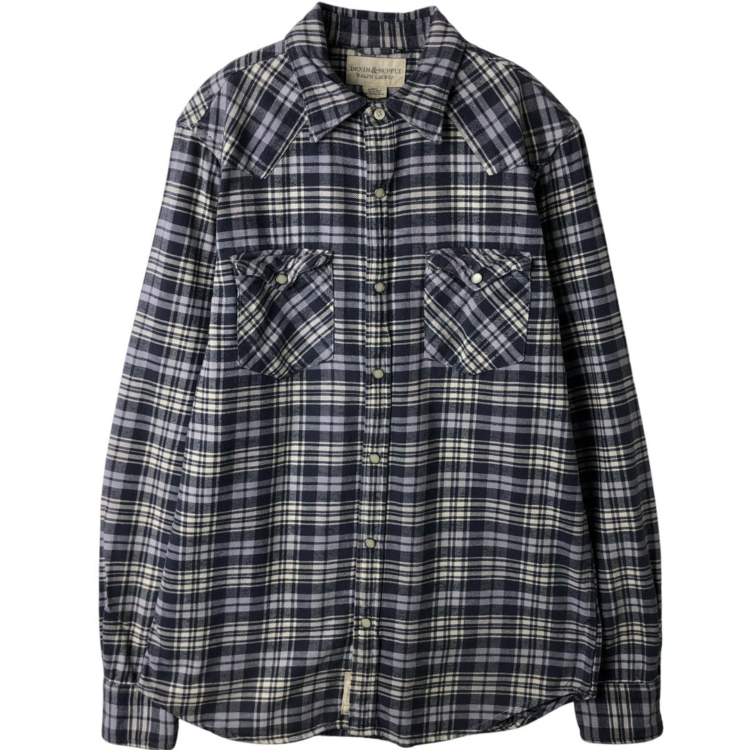 Ralph Lauren DENIM AND SUPPLY Long-Sleeve Western Flannel Check Shirt, Men's Size M (approx.) cotton navy blue type Vintage Second Hand