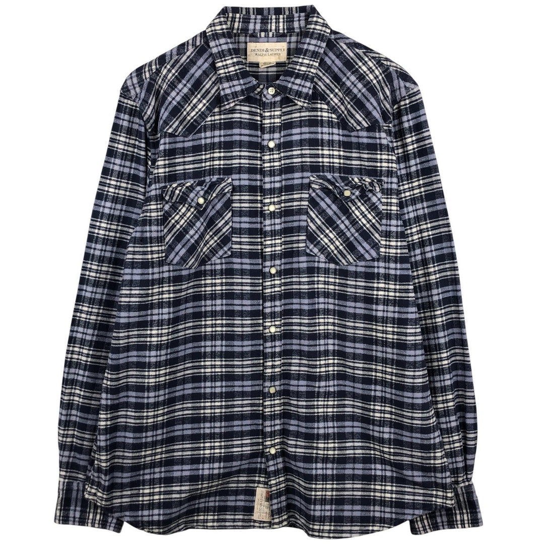 Ralph Lauren DENIM AND SUPPLY Men's Long Sleeve Western Flannel Check Shirt, Size XXL cotton navy blue type Vintage Second Hand