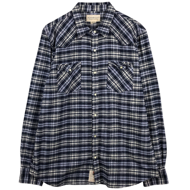 Ralph Lauren DENIM AND SUPPLY Men's Long Sleeve Western Flannel Check Shirt, Size XXL cotton navy blue type Vintage Second Hand