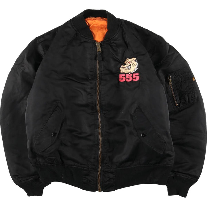 Alpha MA-1 Style Padded Military Flight Jacket with Dog Print, Made in USA, Men's Size XL Nylon black type Vintage Second Hand
