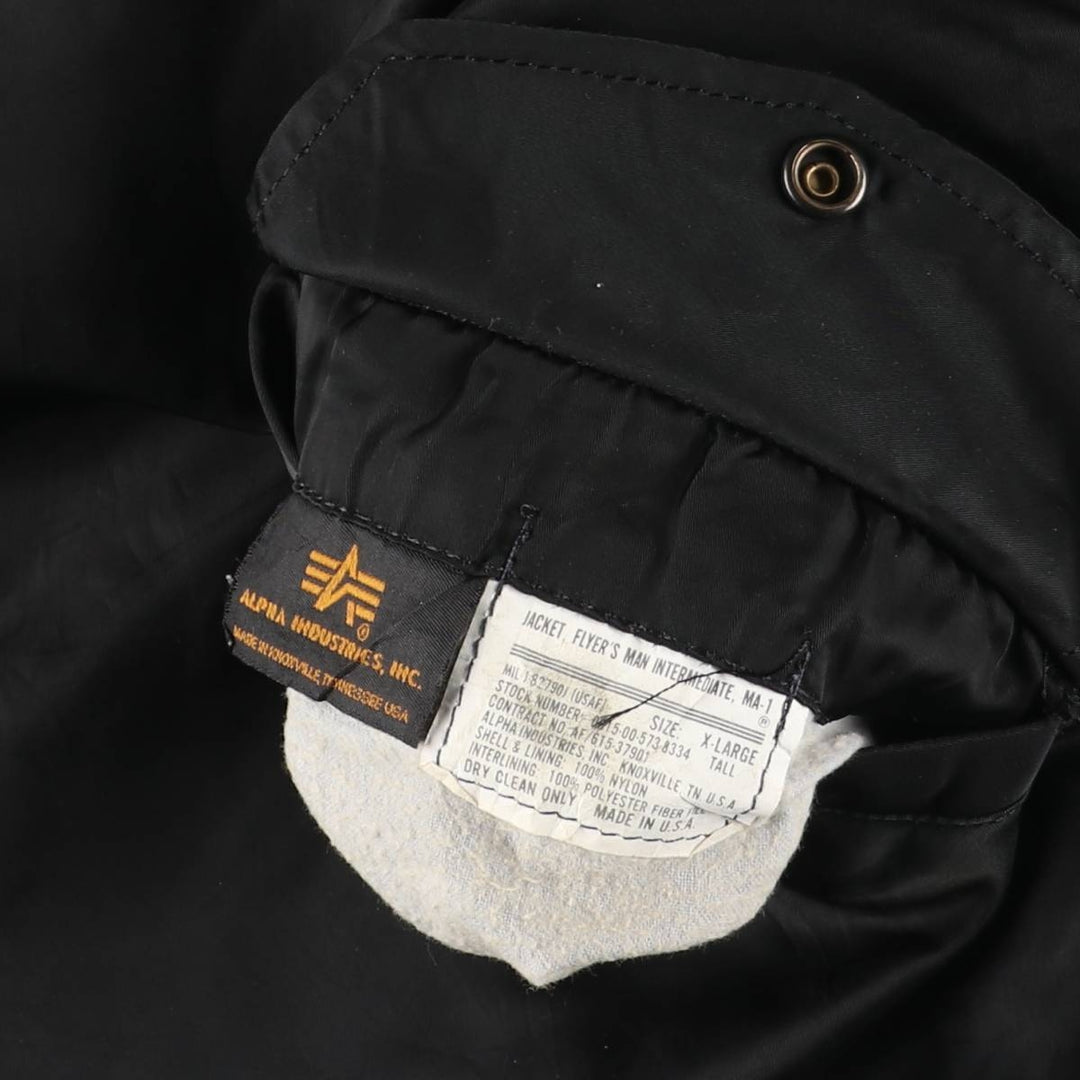 Alpha MA-1 Style Padded Military Flight Jacket with Dog Print, Made in USA, Men's Size XL Nylon black type Vintage Second Hand