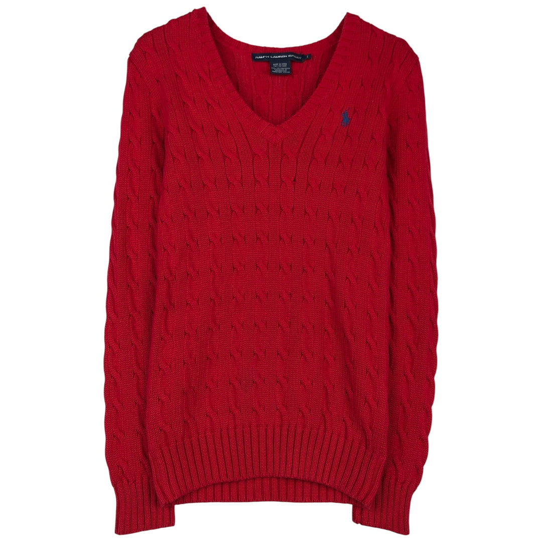 Ralph Lauren RALPH LAUREN SPORT V-neck cotton knit sweater, women's size S (approx.) cotton red type Vintage Second Hand