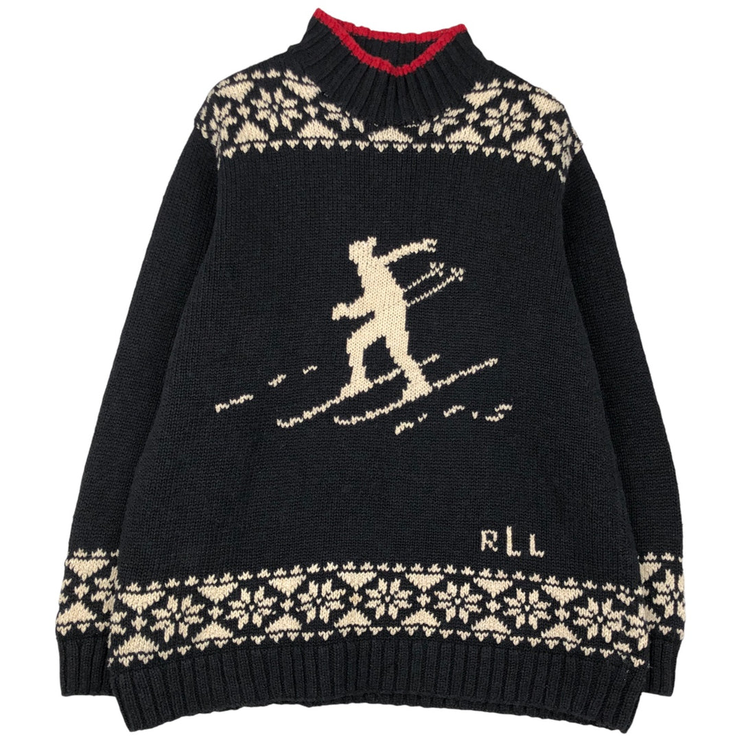 Ralph Lauren high-neck ski pattern/snow pattern cotton x linen knit sweater, women's size M. linen black type Vintage Second Hand