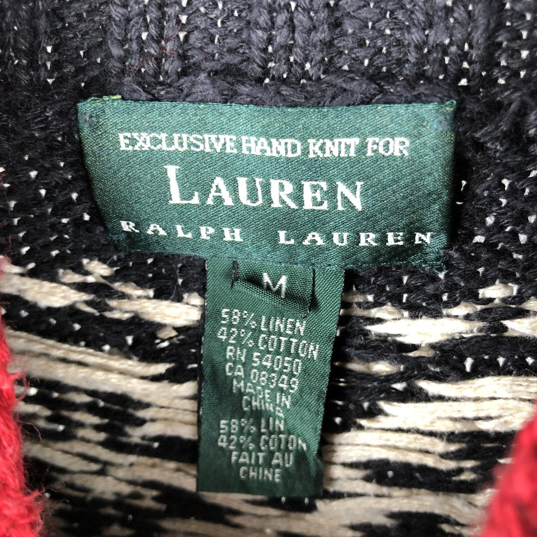 Ralph Lauren high-neck ski pattern/snow pattern cotton x linen knit sweater, women's size M. linen black type Vintage Second Hand