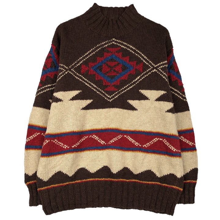 Ralph Lauren LAUREN All-over Native Pattern High-Neck Cotton x Linen Knit Sweater, Women's Size M (approx.) linen brown type Vintage Second Hand