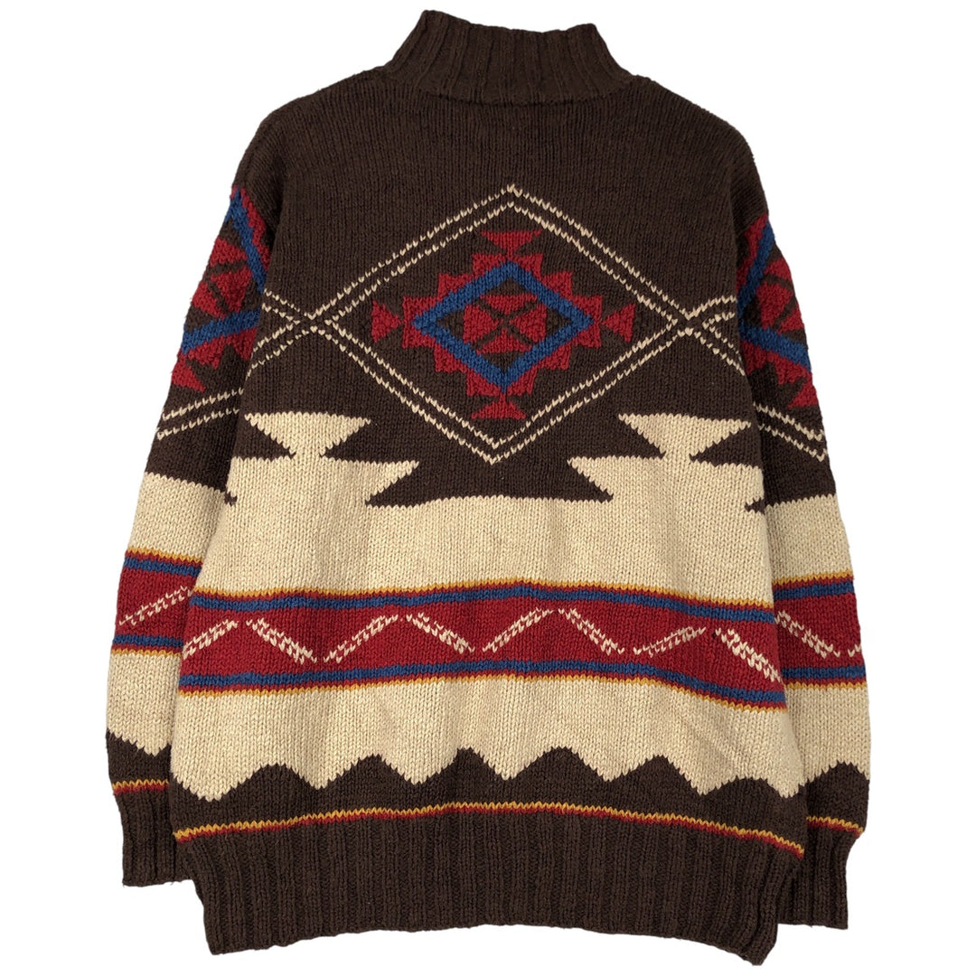 Ralph Lauren LAUREN All-over Native Pattern High-Neck Cotton x Linen Knit Sweater, Women's Size M (approx.) linen brown type Vintage Second Hand