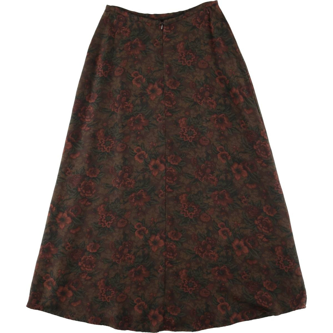 Ralph Lauren LAUREN All-over Botanical Pattern Silk Long A-line Skirt, Women's Size M (approx.) silk Khaki type Vintage Second Hand