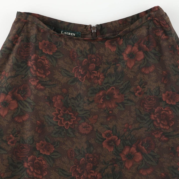 Ralph Lauren LAUREN All-over Botanical Pattern Silk Long A-line Skirt, Women's Size M (approx.) silk Khaki type Vintage Second Hand