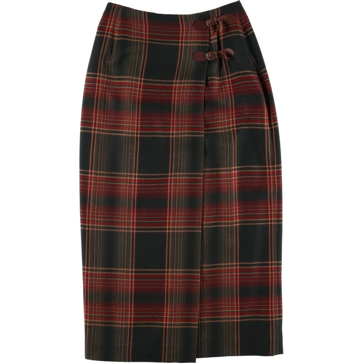 Ralph Lauren Lauren Check Pattern Wool Long Wrap Skirt, Made in USA, Women's Size L wool green type Vintage Second Hand