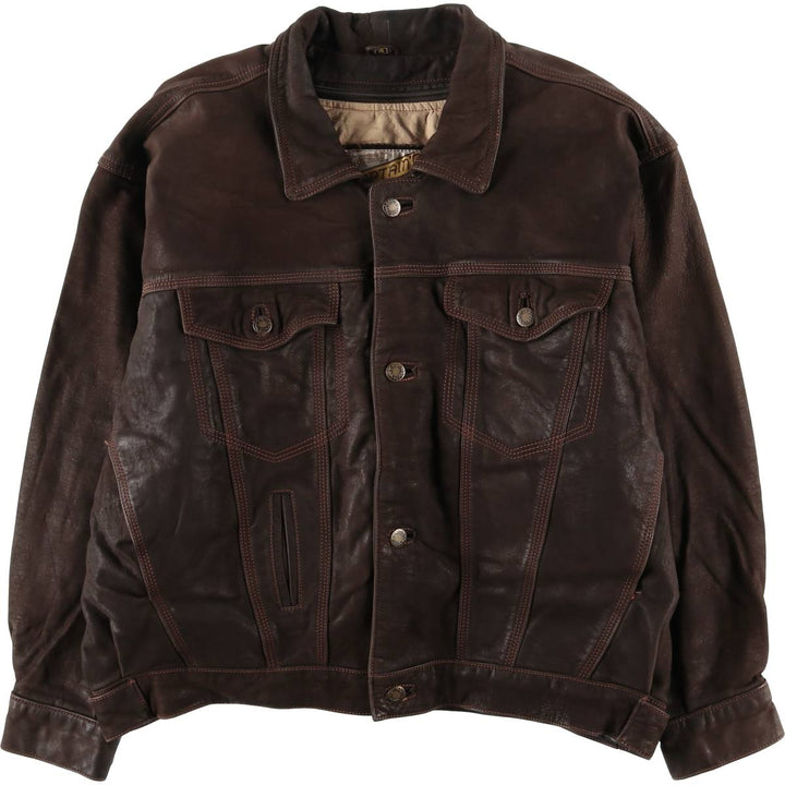90'S CAPTAIN'G Trucker Jacket, Leather Jacket, Men's XL, Vintage genuine leather brown type Vintage Second Hand