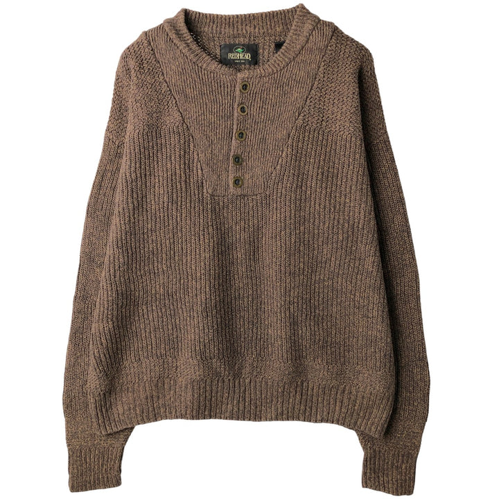 RED HEAD Henley Neck Cotton Knit Sweater, Men's Size L cotton brown type Vintage Second Hand